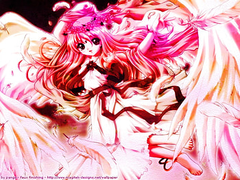 The Pink Shade Angel, pink, magic, red ribbon, anime, angel, colourful, joy, shades of pink HD wallpaper