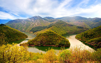 Summer mountain landscape, Green forest, River, Blue sky HD wallpaper
