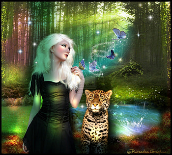 ~Passion of the Jaguar~, rays, emotional, passions, glow, colors, stars, digital arts, butterflies, animals, starlight, trees, female, sweet, woods, eyes, forests, grass, fantasy, pretty, light, white hair, face, models, hair, lovely, black, dress, dragonflies, flying plants, jaguar, butterfly, shine, sparkle, lips, water, wings, gothic, beautiful, people, lakes, manipulation, cool, enchanted, girls, flowers, women HD wallpaper
