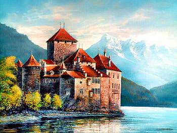 Castle on lakeshore, river, sea, lakeshore, snowy, beautiful, lonely, mountain, lake, shore, reflection, painting, tower, trees, waters, castle HD wallpaper