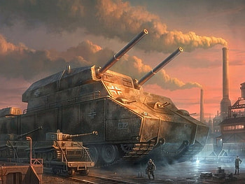 german super tank, factories, rail tracks, boxes, smoke, guns, soliers HD wallpaper