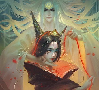Fantasy couple, girl, orange, ming yang zhou, art, couple, face HD wallpaper