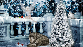 Winter Imagination, blue, winter, frost, firefox persona, rose petals, cold, wolf, fairy, bunny, fantasy, snow, trees, flowers, red rose, ice, rabbit HD wallpaper