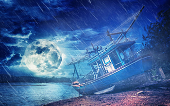 Ship, Artistic, Moon, Rain HD wallpaper