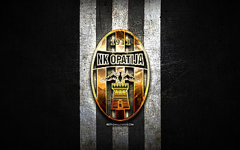 Opatija FC, golden logo, HNL, black metal background, football, croatian football club, NK Opatija logo, soccer, NK Opatija HD wallpaper