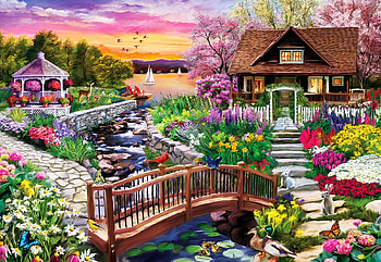Spring On The Shore, garden, bridge, cottage, flowers, sunset, river, butterflies, artwork, ducks, painting, rabbit HD wallpaper