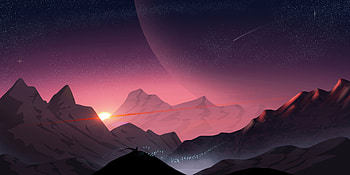 Moon Mountains Sunrise And Magical Power, artist, artwork, digital-art, deviantart HD wallpaper