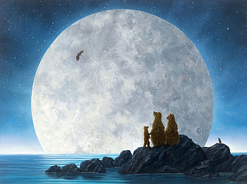 Moonlighters, blue, night, white, art, urs, robert bissell, fantasy, gantasy, bear, moon, painting, pictura, luna, silhouette HD wallpaper