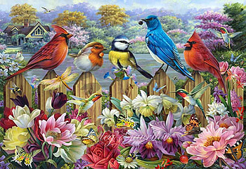 Birds in a blooming garden, artwork, chickadees, painting, blossoms, fence, flowers, cardinals HD wallpaper