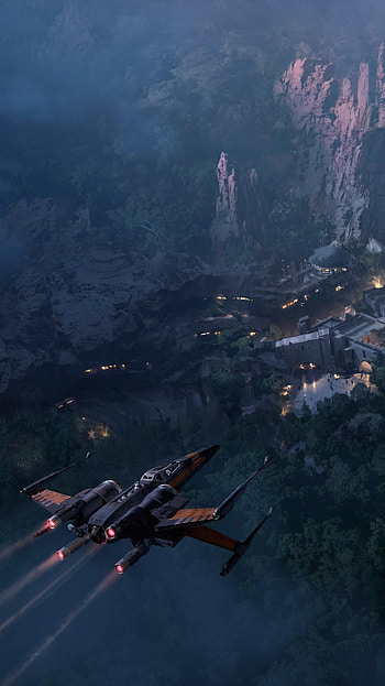 Nightfall X-Wing Over Mountain Town — Star Wars Sci‑Fi , town, Sci Fi, Star Wars HD phone wallpaper