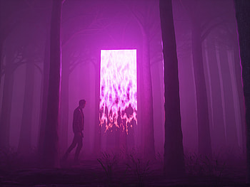 Man Walking Away From Forest Portal , neon, forest, artist, artwork, digital-art, behance, pink HD wallpaper