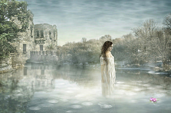 Flower and Girl, flower, trees, girl, castle, water, reflections HD wallpaper