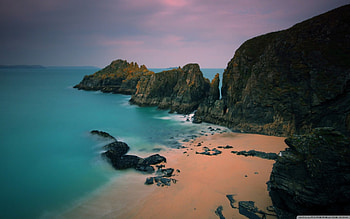 Beach Coastline, blue, sand, coast, orange, beach, rock, purple, daylight, day, clouds, nature, sky, cliff, water, ocean HD wallpaper