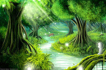 **Forest Spirits**, rays, spirits, plants, forests, digital art, grass, landscapes, scenery, painting, light, drawings, trees, nature, rivers HD wallpaper