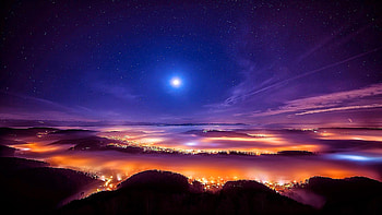 Night Panoramic,Zurich, Switzerland, mist, night, fog, moon, sky, nature, stars HD wallpaper