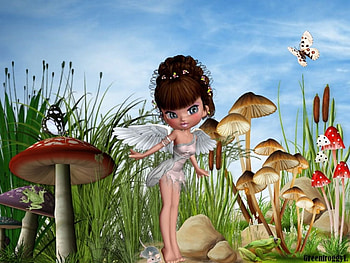 FAIRY GARDEN, FROG, BUTTERFLY, FAIRY, MUSHROOMS HD wallpaper