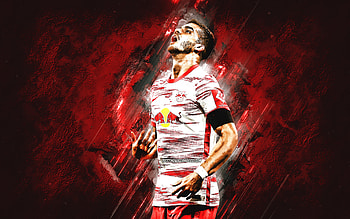 Andre Silva, RB Leipzig, Portuguese footballer, red stone background, Bundesliga, Germany, football HD wallpaper