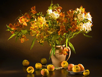 Still life, vase, beautiful, fruits, nice, delicate, pretty, flowers, harmony HD wallpaper