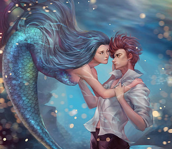 to love, blue, sea, mermaid, man, girl, underworld, edenchang, summer, fantasy, couple, luminos, guy, siren, vara HD wallpaper