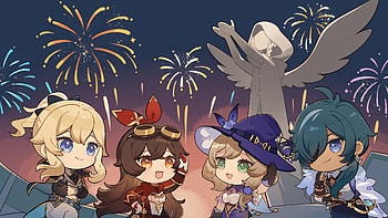 Mondstadt Fireworks : Amber, Jean, Kaeya & Lisa, Amber (Genshin Impact), Jean (Genshin Impact), Kaeya (Genshin Impact), Lisa (Genshin Impact), video game, Genshin Impact HD wallpaper