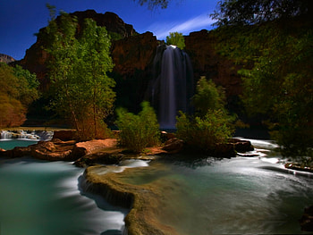 MOONLIGHT FALLS, falls, rocky, waterfalls, mountain, rock, blue sky, moonlight, trees, forest HD wallpaper