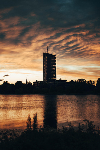 Rivers, Sunset, Building, Dark, Silhouette, Apartments HD phone wallpaper
