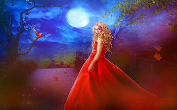 Full Moon Fantasy, night, digital, bird, art, sky, girl, dress HD wallpaper
