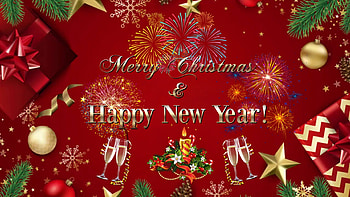 Merry Christmas and Happy New Year, candle, baubles, christmas, glasses, stars, happy, new year, fireworks, gifts, presents HD wallpaper