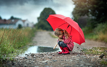 Little Girl with Umbrella, puddle, umbrella, little girl, red, road HD wallpaper