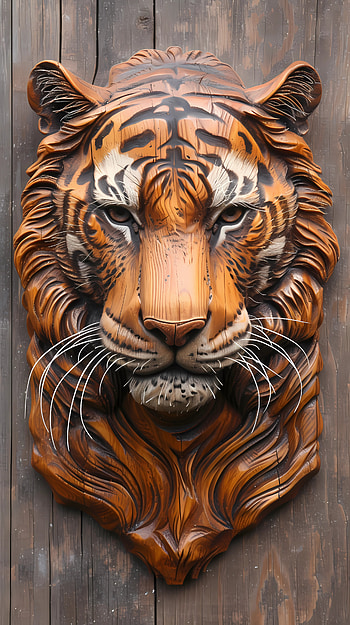 Head of a tiger carved in wood, wood carving, tiger, Animal, nature HD phone wallpaper