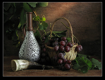 still life, graphy, grapes, beautiful, nice, basket, horn, cool, fruit, , harmony, wine HD wallpaper