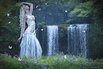 BUTTERFLIES DANCE, FLOWERS, WATERFALL, DRESS, BUTTERFLIES, FOREST, FEMALE HD wallpaper