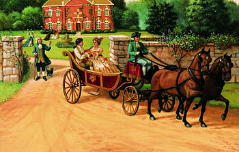Rendezvous, artwork, horse, painting, house, people, ancient, vintage, cart HD wallpaper