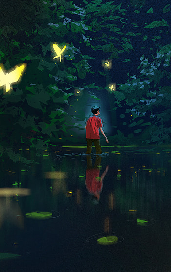 Butterflies, Water, Art, Reflection, Human, Person HD phone wallpaper