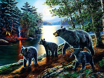 Bear Moon, artwork, river, bears, painting, trees, cubs, forest HD wallpaper