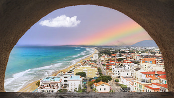 city, rainbow, beach HD wallpaper