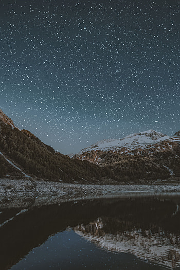 Nature, Mountains, Night, Lake, Starry Sky, Snow Covered, Snowbound HD phone wallpaper
