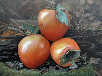 Persimmon Trio, crowther, still life, painting, art, persimmons, dianne crowther, fruit, nature HD wallpaper