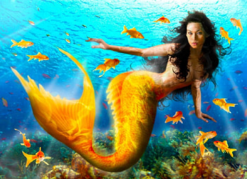 Yellow Mermaid, mermaid, graphy, art, figure, girl, beautiful, people, woman, digital, fantasy, pretty, yellow, female HD wallpaper