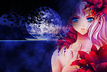 Cosmic Flower, night, floral, long hair, beauty, nice, lady, abstract, reflection, moon, cg, flower, maiden, , female, blossom, sexy, sweet, magic, scene, hot, girl, beautiful, pink hair, anime girl, anime, fantasy, pretty, lovely HD wallpaper