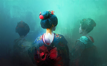 Kimono, asian, fantasy, art, green, girl, blue, frumusete, thomas dubois, red, luminos HD wallpaper