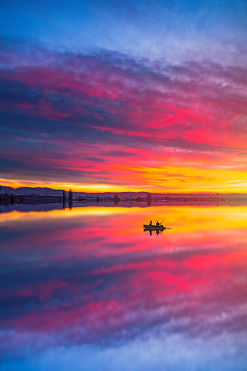 Landscape, Nature, Sunset, Lake, Reflection, Boat HD phone wallpaper