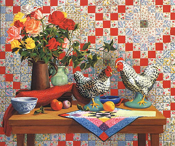 country tapestry, table, roses, quilt, chickens, vase, bowl, placemat HD wallpaper