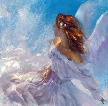 Angel, blue, wings, white, art, by nongnoiart, girl, fantasy, suttipong kuntimoon, luminos HD wallpaper