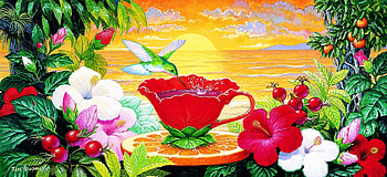 Hummingbird, art, bird, colibri, summer, pink, fantasy, painting, pictura, hibiscus, tom newsom HD wallpaper