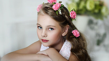 Grey Eyes Cute Little Girl Is Wearing White Dress Sitting In Blur Background Cute HD wallpaper
