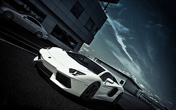 Windows, Sky, Clouds, Lamborghini, Cars, Building, Road, Markup, Side View, Aventador HD wallpaper