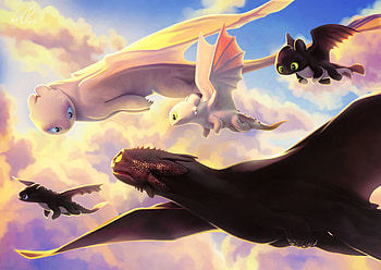 Night And Light Fury Family Flight, night-fury, light-fury, how-to-train-your-dragon-3, how-to-train-your-dragon, artist, artwork, digital-art, deviantart HD wallpaper