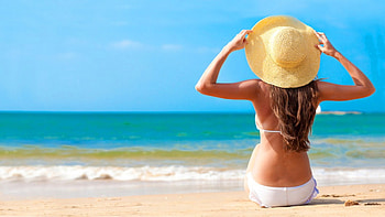 Lonely beach, Woman, Sun, Clouds, Shore, Hat HD wallpaper