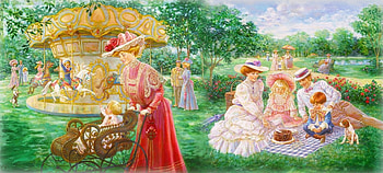 Sunday in The Park, sunday, painting, grass, picnic, park, carousel HD wallpaper